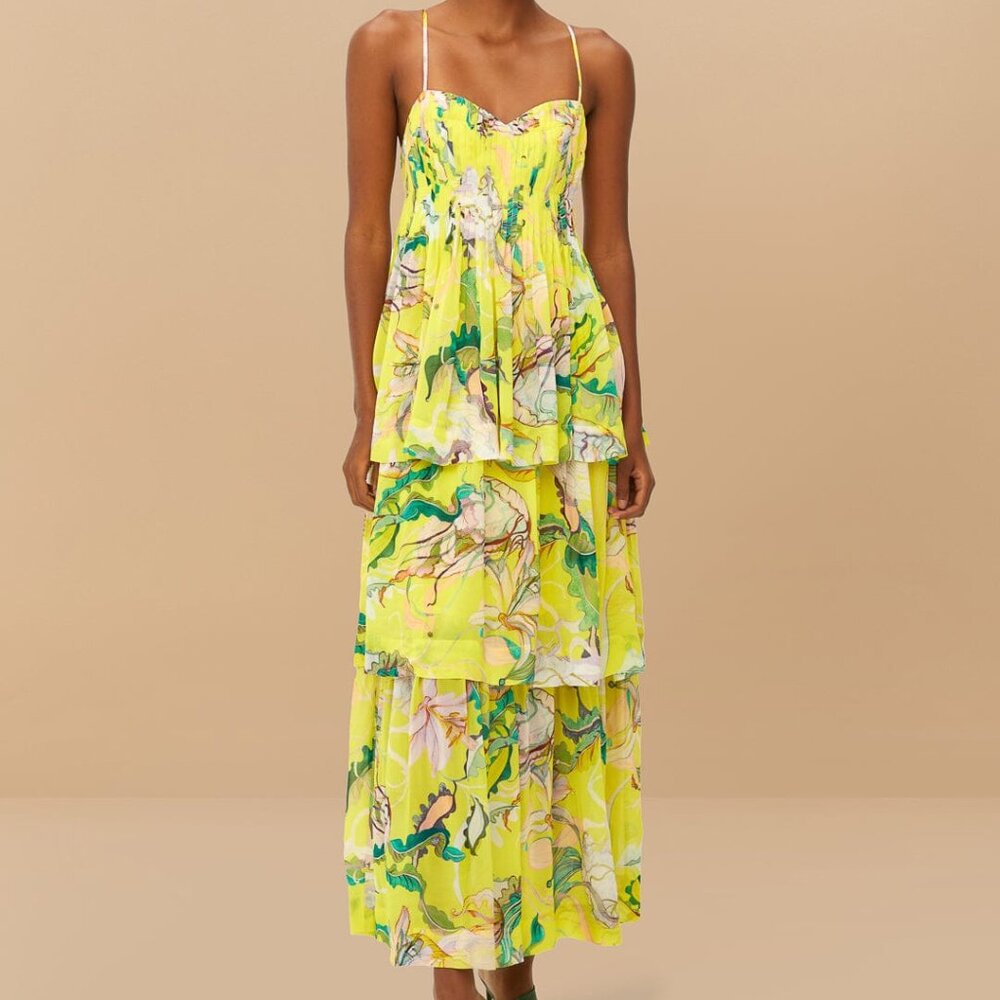 Farm Rio Yellow Jellyfish Bouquet Layered Maxi Dress